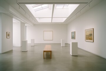 Bright and modern art gallery interior with skylights and empty exhibition space