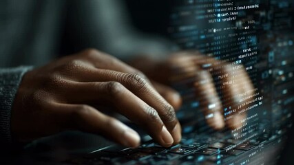 programmer typing with holographic code overlay, dark tech environment - Powered by Adobe