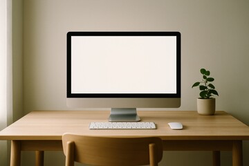 Modern minimalist home office desk with blank computer monitor and potted plant