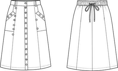 Technical flat sketch of a women's sleeveless midi dress with a V-neck, button front, and tie belt, ideal for casual apparel design.