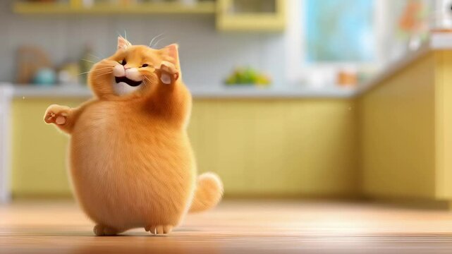Orange fluffy cat dancing with raised paws, expressing joy in bright kitchen environment. Playful pose with squinted eyes and cheerful expression