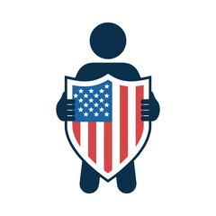 Silhouette figure holding shield with american flag design symbolizing patriotism, protection, and national pride in the united states