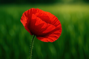 Obraz premium Close up view of a single vibrant red poppy flower with delicate petals against a soft green blurred background