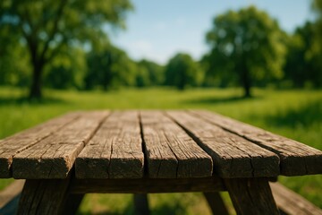 Fototapeta premium Empty weathered wooden picnic table in a sunny green park landscape