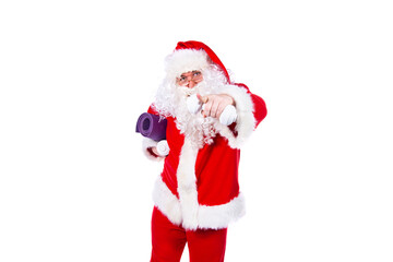 Funny fat Santa Claus doing fitness. White background.