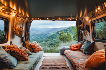 Fototapeta premium Cozy living room inside a mobile home, with comfortable furniture, decorations, and a large window with a view