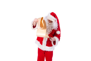 Santa Claus holding a wish list. White background.