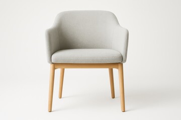 Simple scandinavian minimalist armchair with light grey fabric and natural wood legs