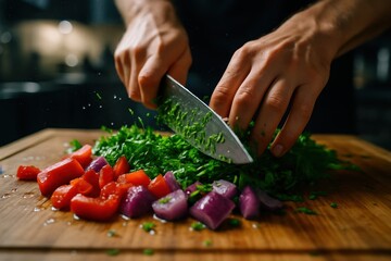 Close up of hands chopping fresh green herbs and colorful vegetables on a wooden cutting board