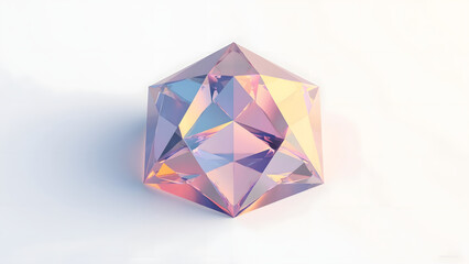 Isometric spinel gemstone with light reflections on white background, showing colorful transparent crystal with sharp edges and facets