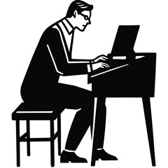 Man in suit playing the piano in a stylized black and white illustration