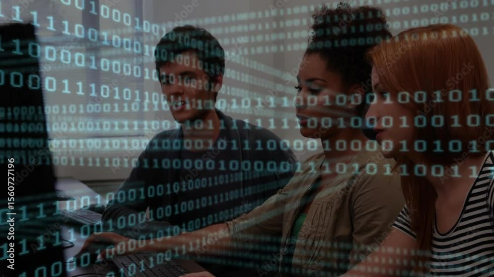 Poster on code load developers leaning in lab typing and pointing screen for debugging with binary overlay