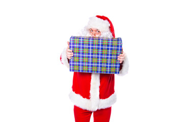 Funny fat Santa Claus holding a box with a big gift White background.