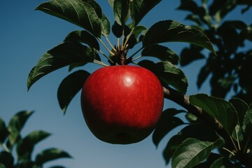 Obraz premium Vibrant red apple hanging from a branch of an apple tree with lush green leaves against a clear blue sky