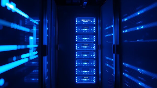 Glowing blue server rack in a dimly lit technological environment.