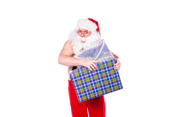 Funny fat Santa Claus holding a box with a big gift White background.
