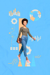 Vertical pop poster banner collage of happy businessman businesswoman stand megaphone graph diagram...