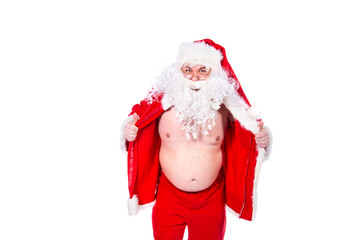 Funny fat Santa Claus undresses.