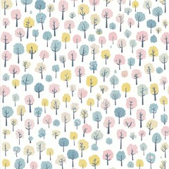 Pastel trees repeat pattern on white background