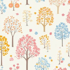 Whimsical, pastel-colored trees and flowers on a light background