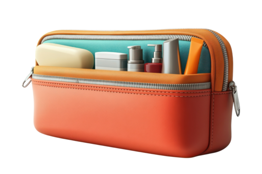 A vibrant coral toiletry bag holds essential skincare and beauty products perfect for travel on transparent background