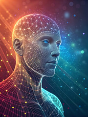 Abstract man face made of digital data particles