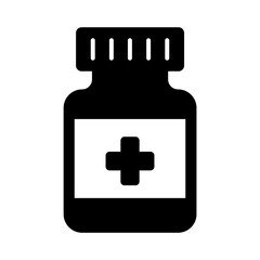 Medicine and medical supplies silhouette icon. Simple medicine bottle symbol. Hospital or medical setting.