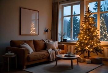 A Scandinavian-style living room at twilight, a brown leather sofa, a blank canvas frame on the wall, a brightly lit Christmas tree adorned with minimalist ornaments, during a snowy winter evening, 