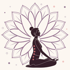 Silhouette of woman meditating in lotus position with lotus flower background in vector art