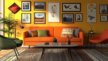 Sunny living room with orange sofa and gallery wall