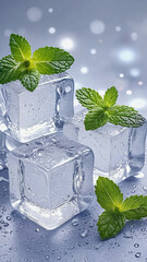 Ice cubes with fresh mint leaves on a blue background. Water droplets are visible on the surface, creating a refreshing and cool atmosphere.