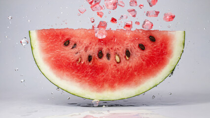 A fresh watermelon slice with visible seeds and vibrant red flesh, splashing water droplets around it. The background is neutral and soft.