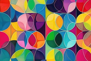 Vibrant, geometric abstract pattern with overlapping circles and shapes in a variety of bright colors