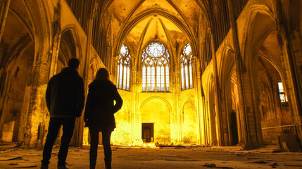 Two people stand in a dimly lit Gothic cathedral. The interior features tall arches and a large stained glass window. The atmosphere is eerie and mystical.
