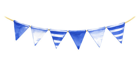 Obraz premium Small flags in white and blue on a rope. Watercolor illustration of triangular flags in the color of the Greek flag. The template is on a white background. Isolated.