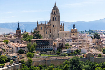 Obraz premium Aerial view of the old town of Segovia and Cathedral of Our Lady of the Assumption, Roman Catholic cathedral located in the Spanish city of Segovia, Spain