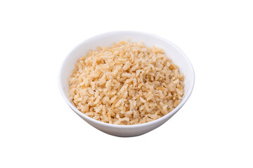 Cooked brown whole rice in a bowl isolated over white background