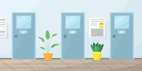 School corridor interior with classroom doors and plants. Education, knowledge. Place for study.