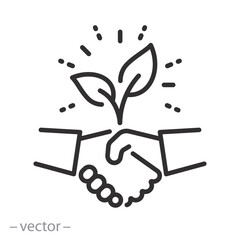 leaf with handshake icon, green deal, environmental agreement, leaves and business partners, thin line symbol on white background - editable stroke vector illustration eps 10