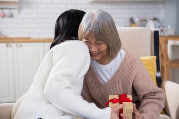 Daughter giving a gift to her elderly mother, who smiles happily and hugs her daughter on the...