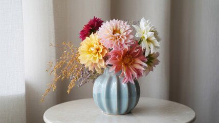 Vibrant dahlia bouquet in a pale blue ribbed vase floral pink