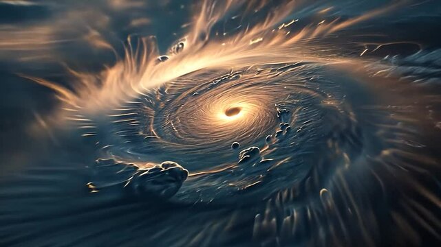 A stunning anticyclone spirals above the ocean under a beautiful, cloud-filled sky	
