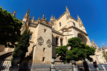 Fototapeta premium Outside view of the The Cathedral of Our Lady of the Assumption and of Saint Fructus, Roman Catholic cathedral located in the Spanish city of Segovia, Spain