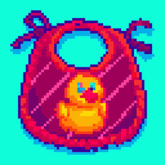 Fototapeta premium Pixel art colorful bib with a duck design on a bright turquoise background