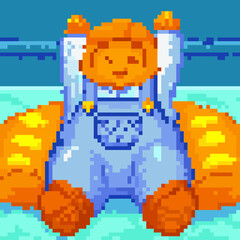 Pixel art happy baby in blue overalls sitting on a large orange cushion with arms raised