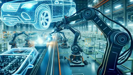 Man in virtual reality headset observes advanced automotive manufacturing process with robotic arms, holographic car designs, and automated assembly line in high-tech industrial facility. - Powered by Adobe