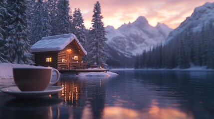 Fototapeta premium Delicious cappuccino in a coffeshop terrece overlooking acozy wooden cabin next to lake at dusk, with snow-covered mountains in the background