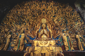 chongqing.china 26.03.2024  Thousand Armed Guanyin Statue at Baodingshan, Dazu Rock Carvings, China