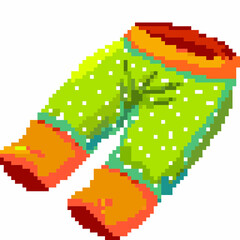 Pixel art children's shorts with bright colors and polka dots on a white background