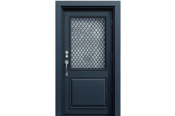 A stately metal front door with a decorative iron grille inviting glances and ensuring on transparent background